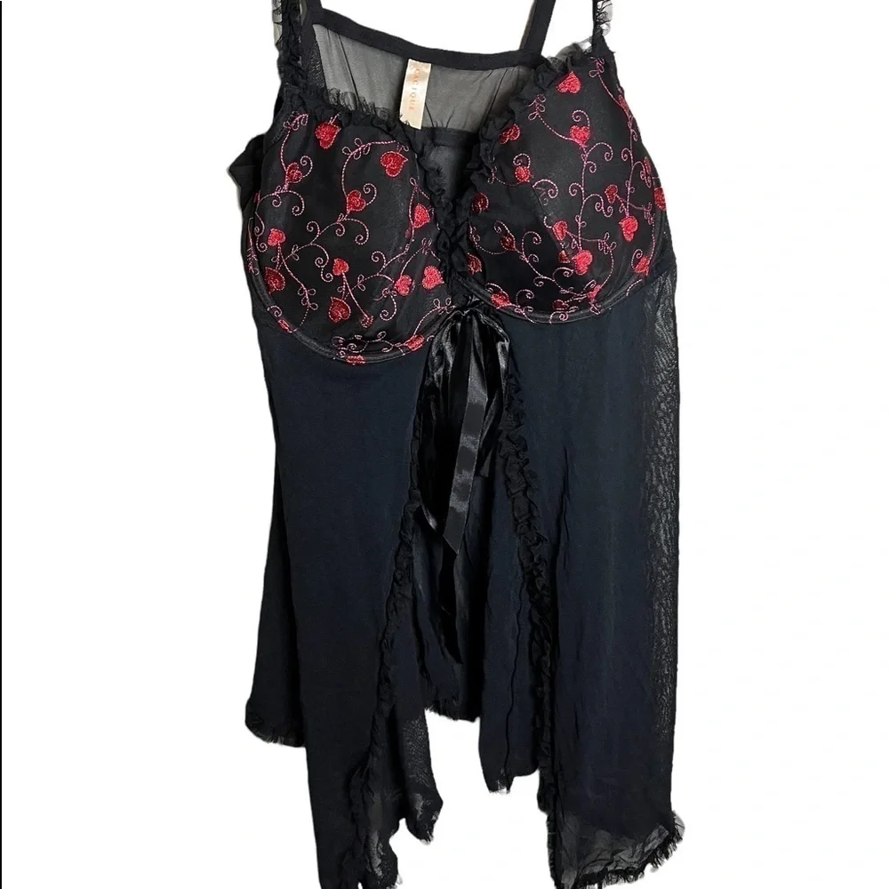 Cacique Sheer Nightgown Hearts Black Red Size 18/20 Valentines